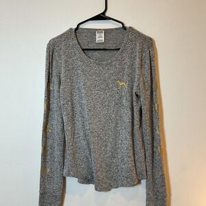 Victoria's Secret PINK Grey Long Sleeve Top – Gold Dog Logo & Sleeve Graphics M